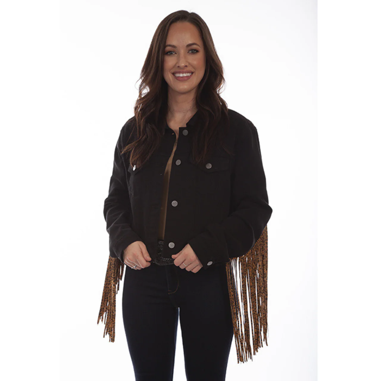 Black Denim Jacket With Cheetah Print Fringe HC662 - Image 3