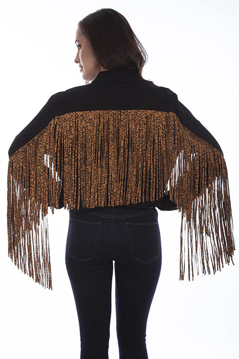 Black Denim Jacket With Cheetah Print Fringe HC662 - Image 4